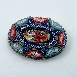 VTG Italian Micro Mosaic Glass Floral Flower C Clasp Brooch 1.5”